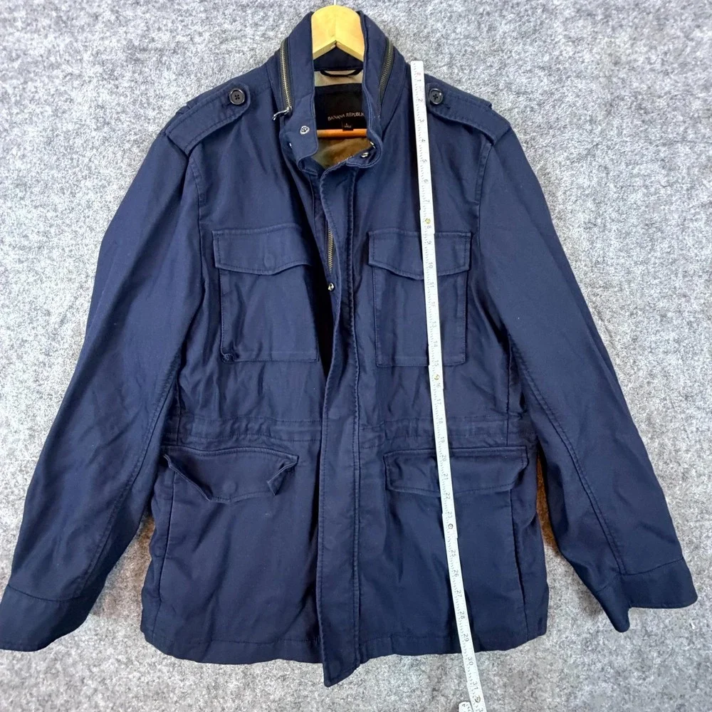 Banana Republic Field Jacket Mens L Blue Water Repellent Outerwear Hidden Hood